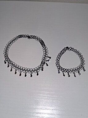 🖤 Black tattoo-style choker and matching bracelet set with silver crystal accen